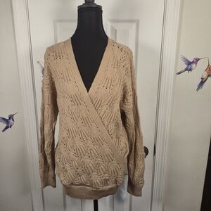 MEROKEETY Beige Pointelle Knit Faux Wrap Sweater Medium Boho Crochet V-Neck Pull